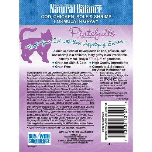 Natural Balance Platefulls Regular Grain Free Cod Chicken Sole and Shrimp in Gravy Pouch Wet Cat Food