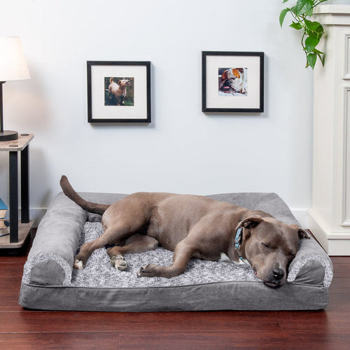 FurHaven Sofa Dog Bed - Two-Tone Faux Fur & Suede