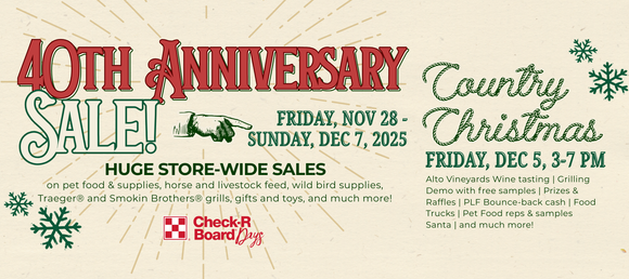 40th Anniversary Sale flyer with red and green text. Event runs Nov 28-Dec 7, 2025. Highlights include huge store-wide sales, Country Christmas event, and holiday activities.